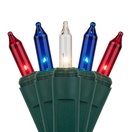 50 Red, White and Blue Christmas Tree Mini Lights, 6" Spacing, Green Wire